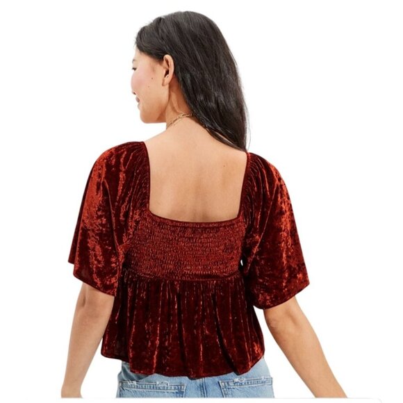 American Eagle Velvet Y2K Babydoll Top Size L Smocked Ruffle Boho Peasant Earthy - Picture 8 of 8
